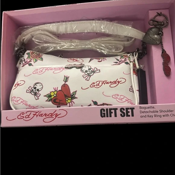 Ed Hardy White Tattoo Heart & Skull Baguette Bag - Picture 7 of 7